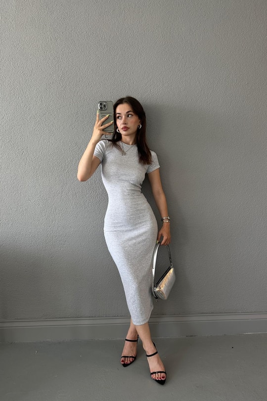 Fitilli Kısa Kol Basic Elbise Gri Melanj
