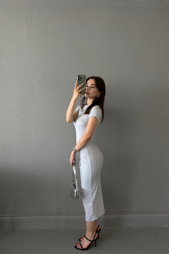 Fitilli Kısa Kol Basic Elbise Gri Melanj