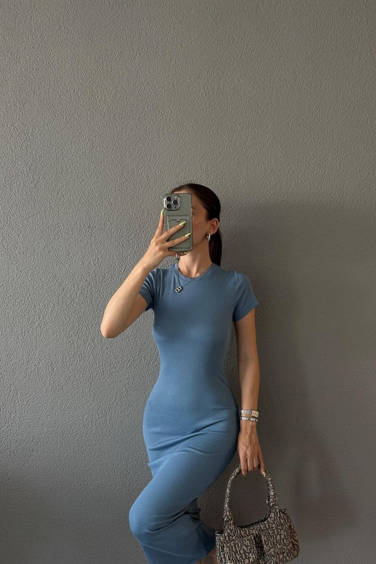 Fitilli Kısa Kol Basic Elbise İndigo