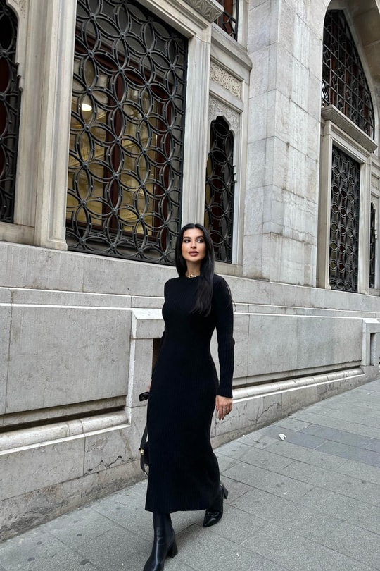Fitilli Triko Midi Elbise Siyah