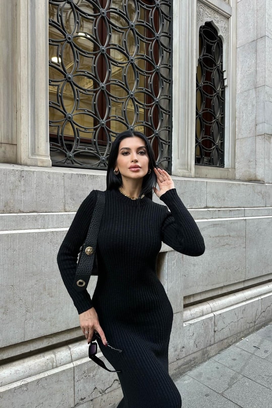 Fitilli Triko Midi Elbise Siyah