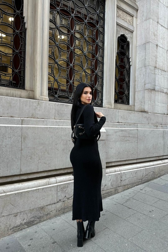 Fitilli Triko Midi Elbise Siyah