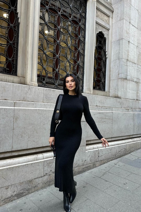Fitilli Triko Midi Elbise Siyah