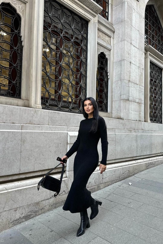 Fitilli Triko Midi Elbise Siyah