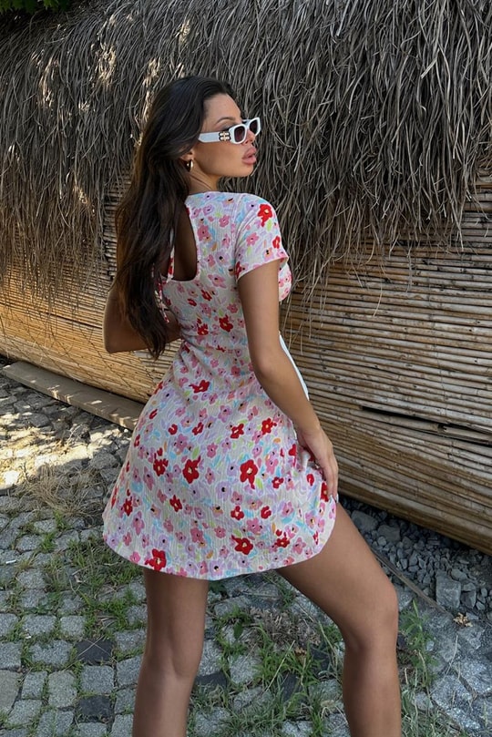 Floral Mini Elbise Pembe