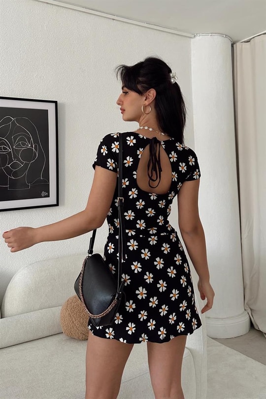 Floral Mini Elbise Siyah