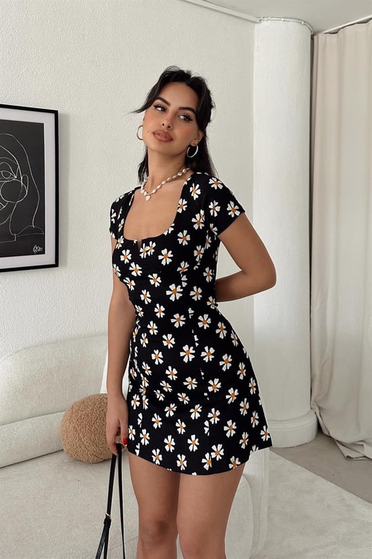 Floral Mini Elbise Siyah