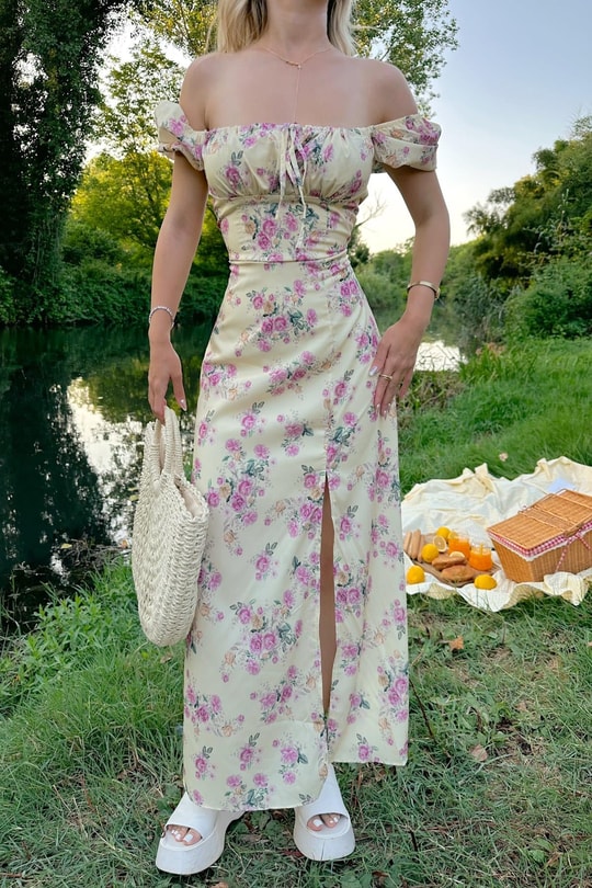 Flower Midi Elbise Sarı