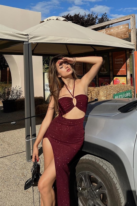 Glitter Cut Out Nancy Elbise Bordo