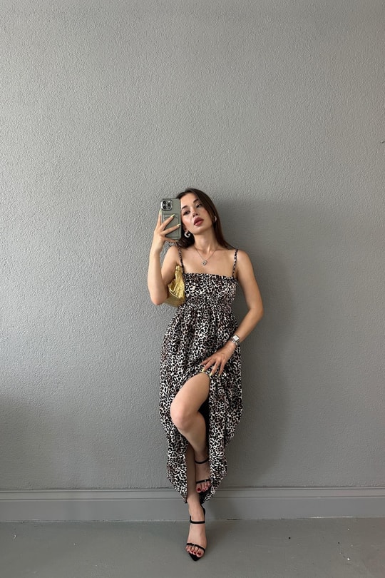 Göğüs Büzgülü Leo Elbise Bej