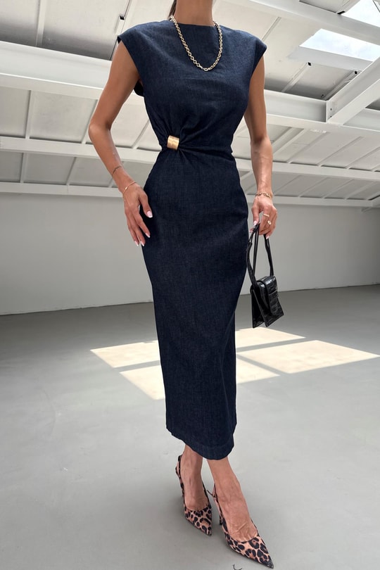Gold Tokalı Denim Elbise Lacivert