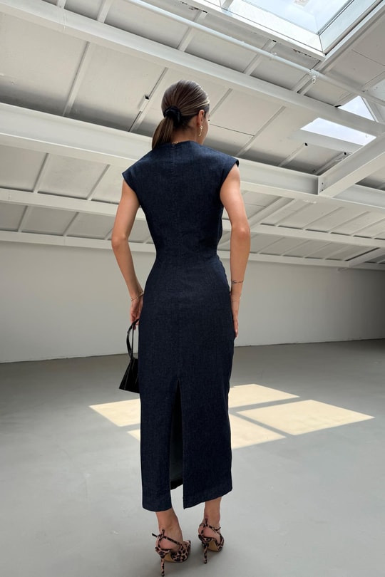 Gold Tokalı Denim Elbise Lacivert