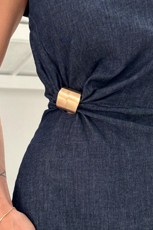 Gold Tokalı Denim Elbise Lacivert