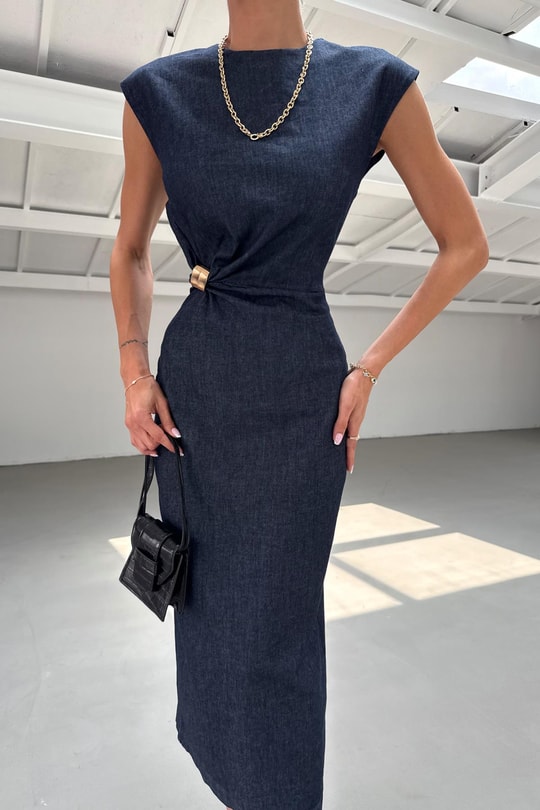 Gold Tokalı Denim Elbise Lacivert