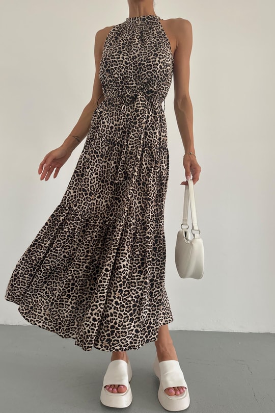 Halter Yaka Elbise LEOPAR DESEN