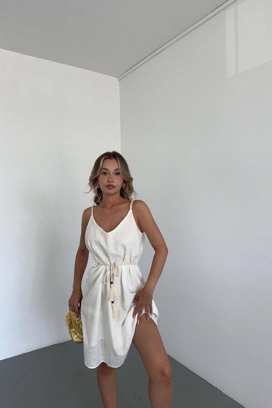 Hasır Askılı Mini Elbise Beyaz