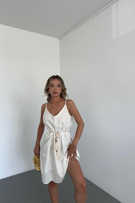 Hasır Askılı Mini Elbise Beyaz