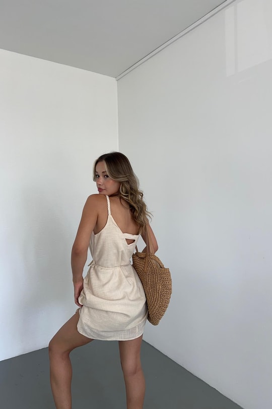 Hasır Askılı Mini Elbise Taş