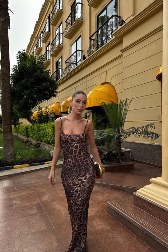 İnce Askılı Leopar Elbise KAHVE
