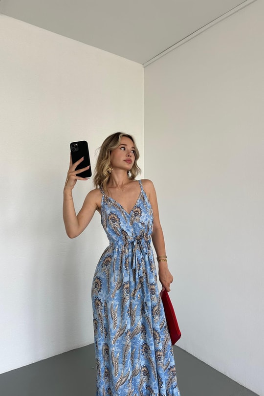 İp Askılı Blonde Elbise Mavi