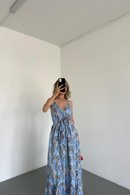 İp Askılı Blonde Elbise Mavi