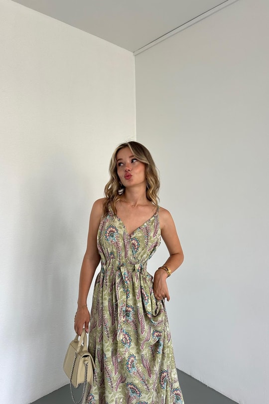 İp Askılı Blonde Elbise Yeşil