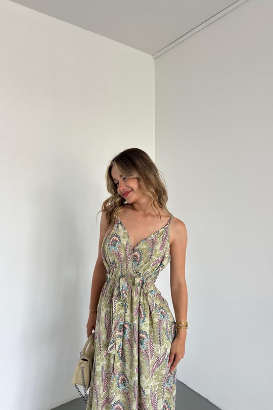 İp Askılı Blonde Elbise Yeşil