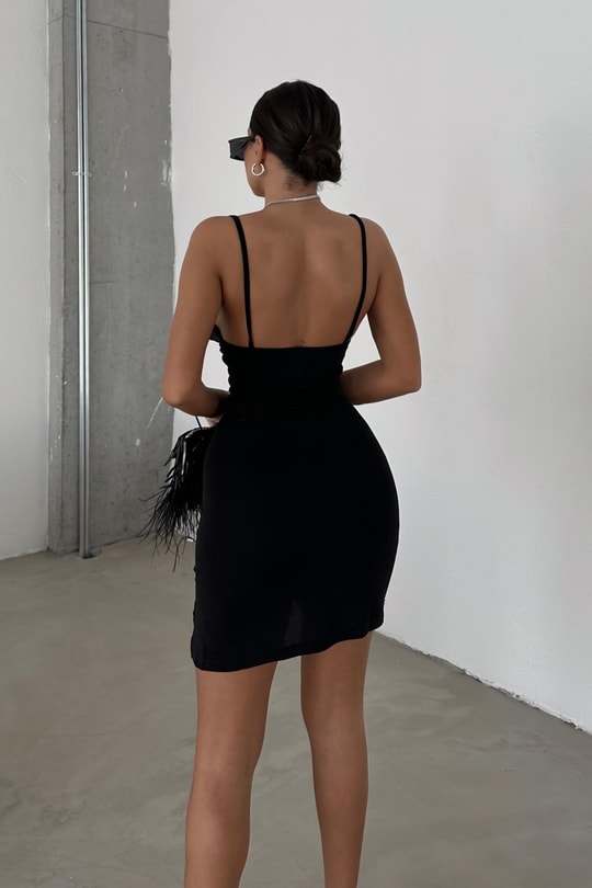 İp Askılı Degaje Mini Elbise Siyah