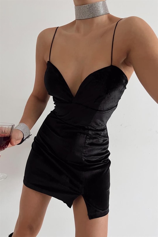 İp Askılı Velvet Mini Elbise Siyah