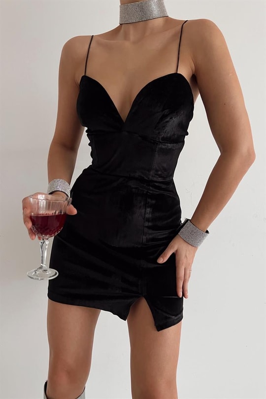 İp Askılı Velvet Mini Elbise Siyah