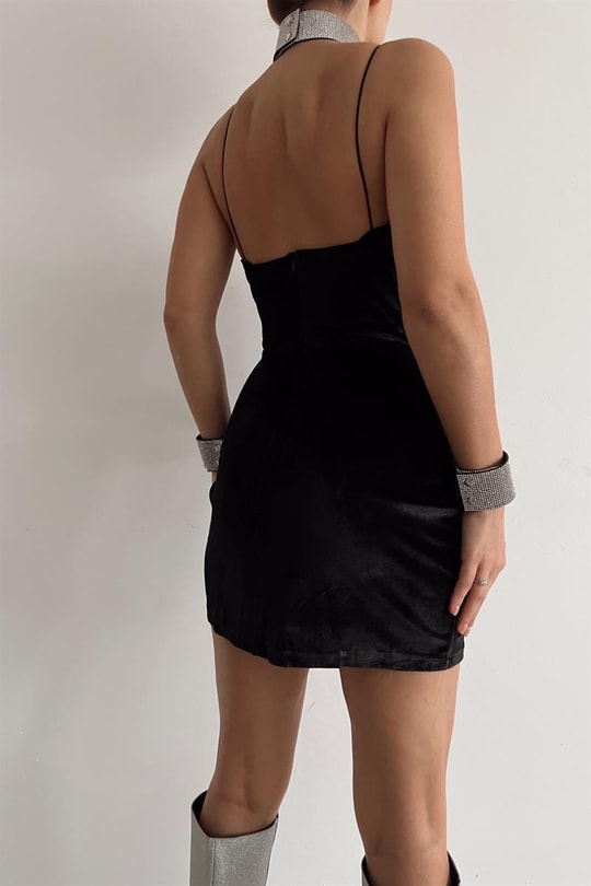 İp Askılı Velvet Mini Elbise Siyah