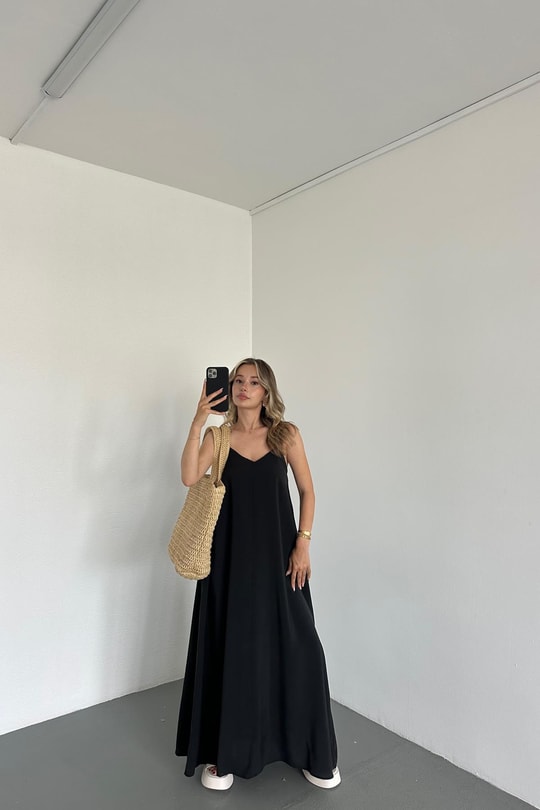 İp Asklı Modal Maxi Elbise Siyah