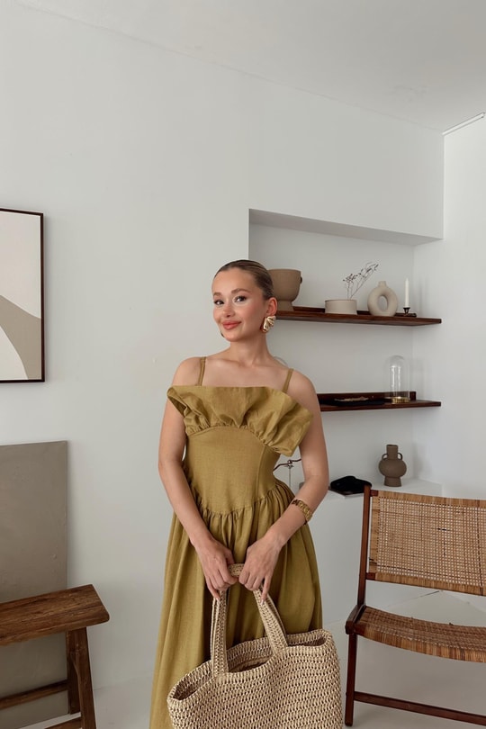 İstiridye Keten Elbise Yağ Yeşili