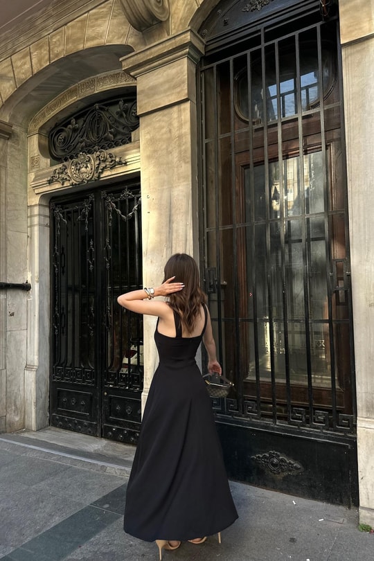 Kalın Askı Midi Premium Elbise Siyah