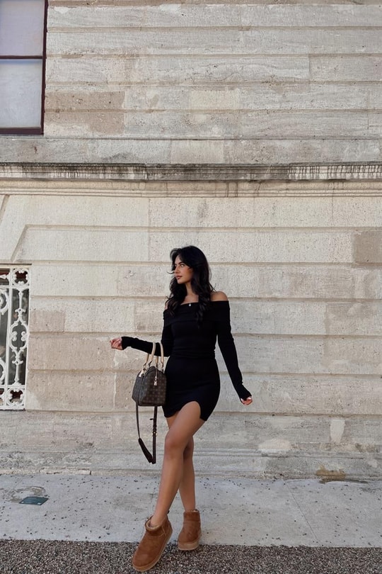 Karmen Yaka Fitilli Elbise Siyah