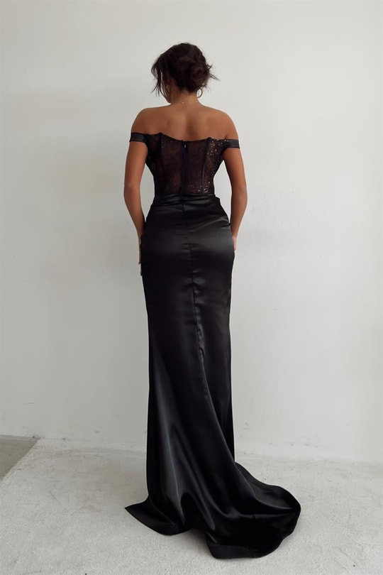 Kayık Yaka Drape Stella Elbise Siyah
