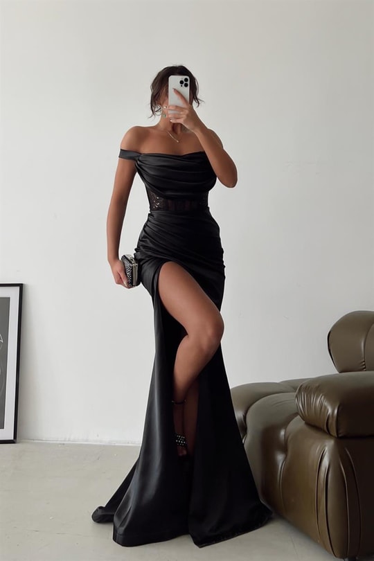 Kayık Yaka Drape Stella Elbise Siyah