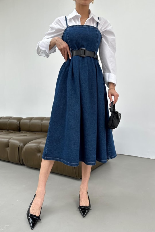 Kemerli Denim Elbise Lacivert