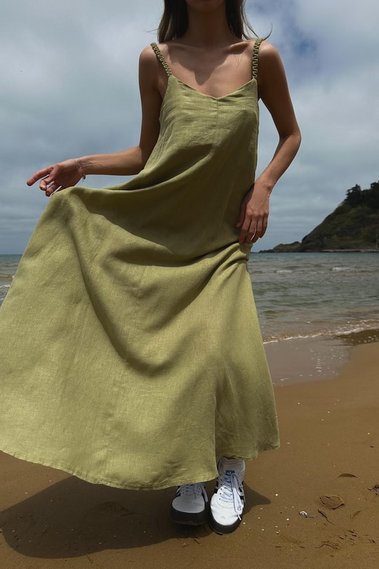 Keten Oversize Elbise Çağla Yeşili