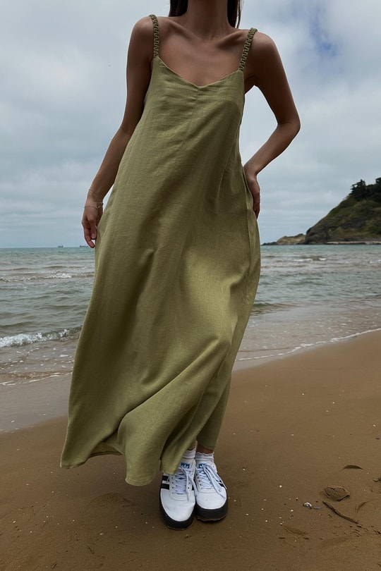 Keten Oversize Elbise Çağla Yeşili
