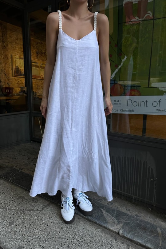 Keten Oversize Elbise Ekru