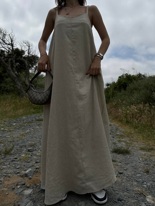 Keten Oversize Elbise Taş