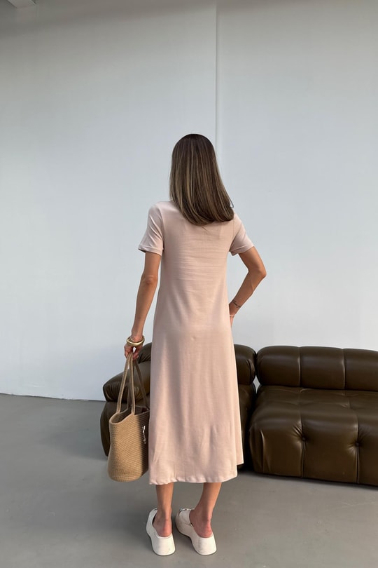 Kısa Kol Salaş Penye Elbise Şeker Pembe