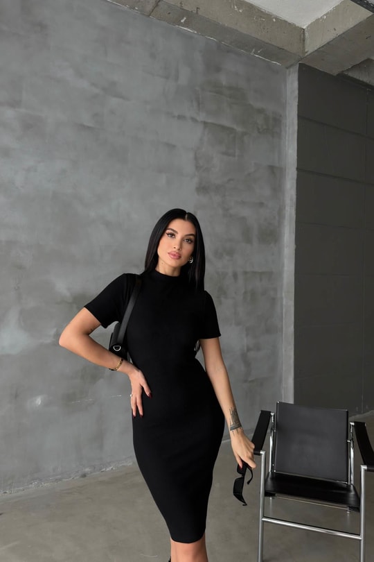 Kısa Kollu Fitilli Midi Elbise Siyah