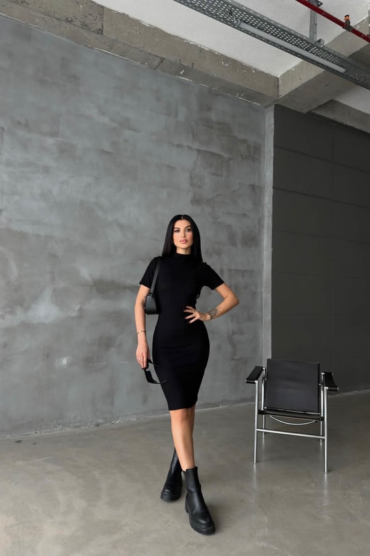 Kısa Kollu Fitilli Midi Elbise Siyah