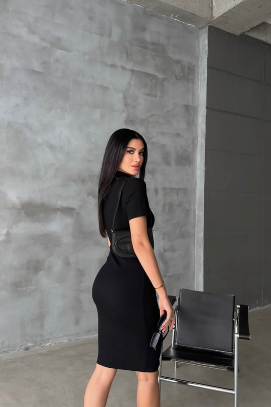 Kısa Kollu Fitilli Midi Elbise Siyah