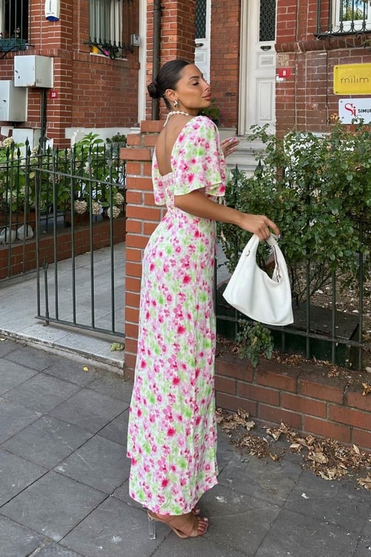 Kol Volanlı Çiçek Desen Elbise Pembe