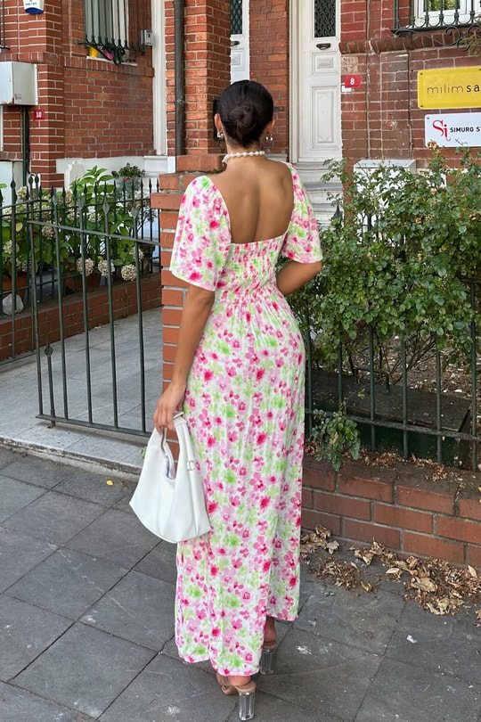 Kol Volanlı Çiçek Desen Elbise Pembe