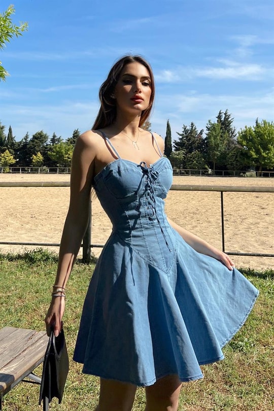 Korsaj Detay Denim Elbise Mavi