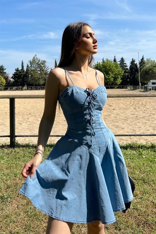 Korsaj Detay Denim Elbise Mavi